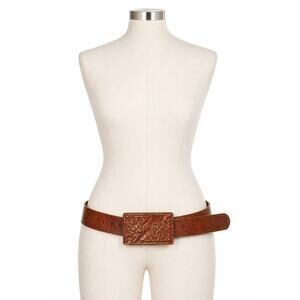 Vintage BRAVE Leather Belt – Distressed Embossed Buckle Western Boho Low-Slung